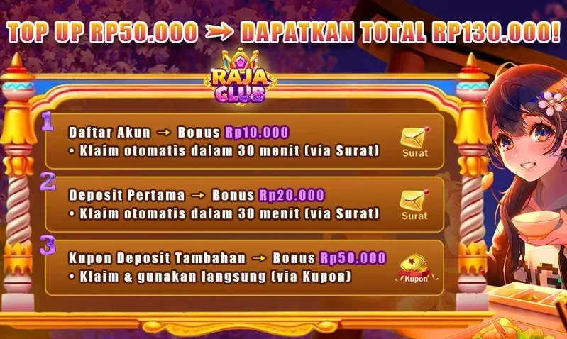 RAJA CLUB Welcome Bonus Package - Top Up RP50.000 Get Total RP130.000